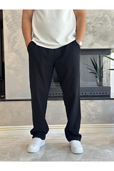 ECARTS Erkek Rahat Kalıp Keten Pantolon Siyah Eca001