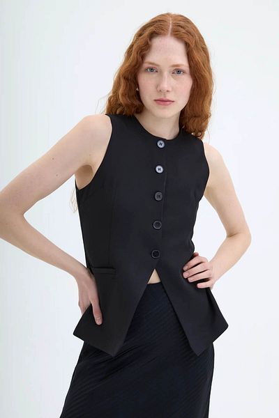 Quzu Black Women's Vest with Front Button Ylk00004