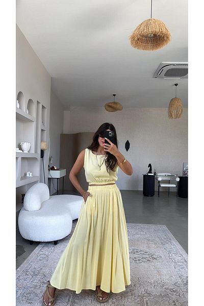 Buket Teke Yellow Massi Linen Skirt Blouse Set