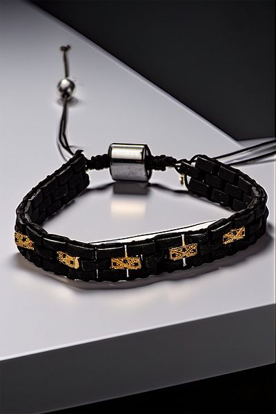 OSMANLI GÜMÜŞ Black Braided Matte Men's Bracelet – Adjustable Macrame with Rectangular Stone with Gold Detail