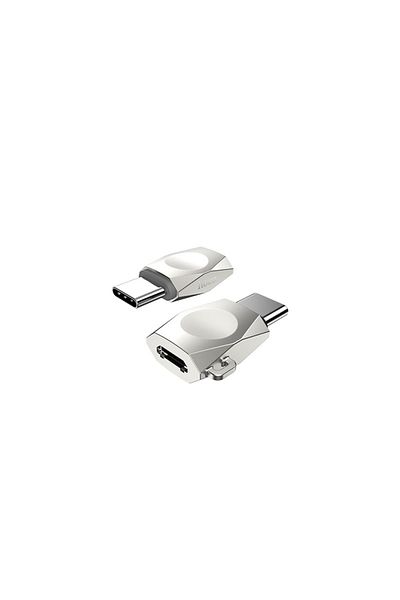 Hoco Adaptor USB tip C mascul la microUSB mamă, HOCO UA8, carcasă din aliaj de zinc, cu cablu elastic, argintiu