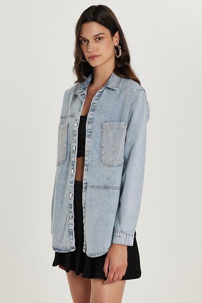 Tudors Women's Regular Fit 100% Cotton Double Pocket Stone Detailed Denim Light Blue Shirt
