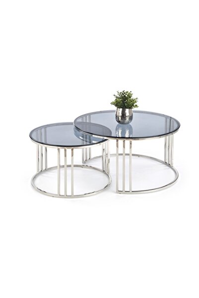 Hitit Dekorasyon Zesta İkili Paslanmaz Metal Cam Orta Sehpa