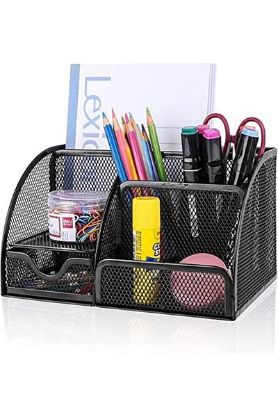 MARKQ Desk Organizer, Mesh Multifunctional Desktop Caddy Pen Holder With 6 Compartments And 1 Drawer