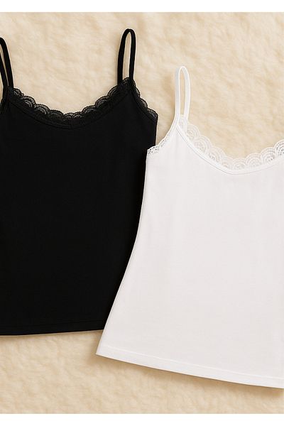 Loule Women's Clothing Rope Strap Lace Detail Modal & Cotton 2 Pieces White - Black Undershirt Ll.K66.O042.001