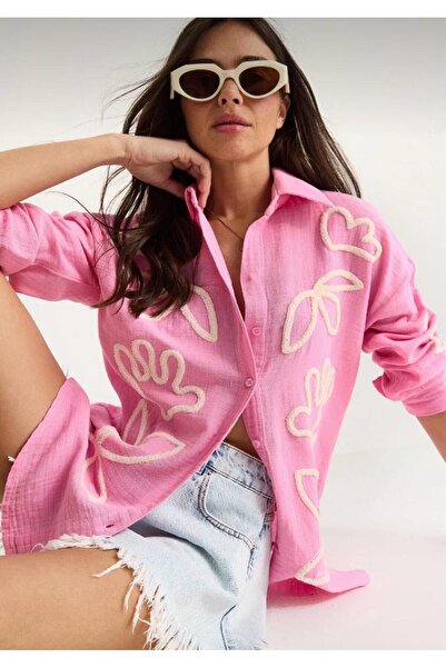 hedef giyim Floral Embroidered Muslin Shirt