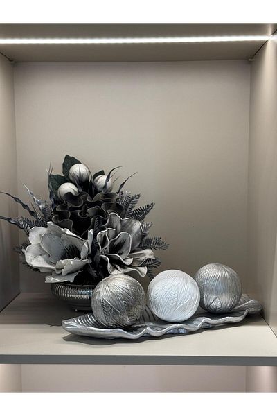 TASARIMHMODA Small Size Flat Vase Set with Leaf Tray, 3 Balls, Decoration and Flowers Set No:3