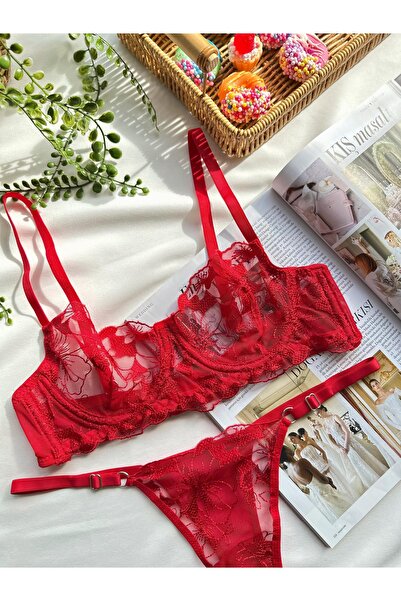 kiari Red Floral Embroidered Underwire Unlined Brode Underwear Set
