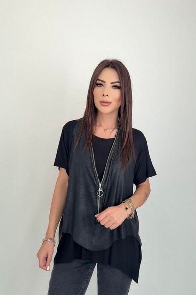 Viyamo Νέα σεζόν Γυναικεία κοντομάνικη μπλούζα βισκόζης με στρογγυλή λαιμόκοψη + αμάνικο δερμάτινο γιλέκο με φερμουάρ
