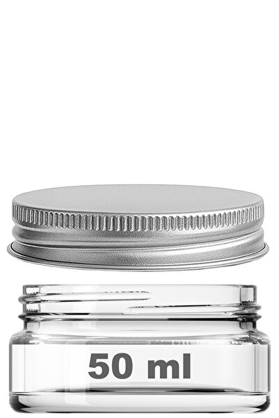 Afracam 50 ml Metal Gümüş Kapaklı Kozmetik Kavanozu 50 Cc Şeffaf Cam Krem Kav...