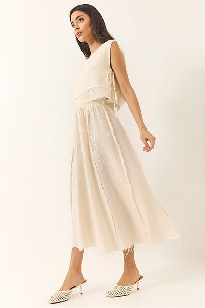 Bianco Lucci Women's Elastic Waist Skirt with Side Tie Detail Crop Muslin Bottom-Top Set 60283236