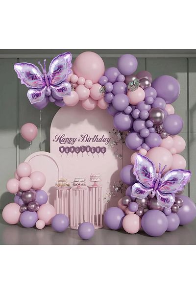 Baloane Vesele Premium Balloon Arch Purple Pink With Butterflies 126 Pieces ARC163