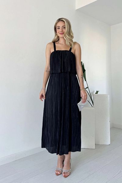 Aventien Pleated Black Midi Dress with Straps