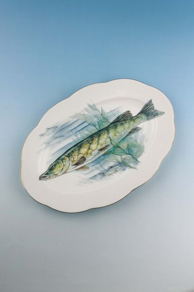 Bursa Porselen Dekor Fish Gold Gilded Porcelain Boat Plate