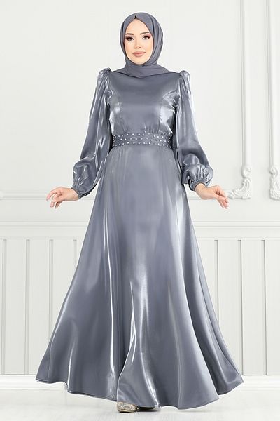 ModaMerve Βραδινό φόρεμα Hijab με Πέτρα Ζώνης 2330ANT904-M Γκρι