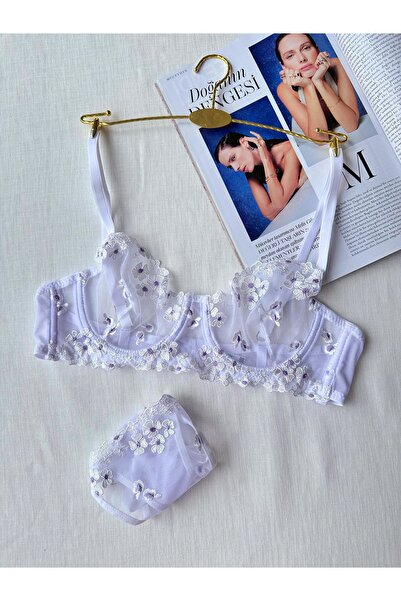 kiari Σετ εσωρούχων με λευκό λουλουδάτο σχέδιο χωρίς καπάκι με επένδυση από μεταξωτό βαμβάκι