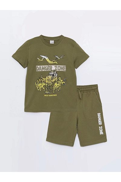 LC Waikiki Lcw Kids Khaki Crew Neck Printed Short Sleeve Boys T-Shirt and Shorts