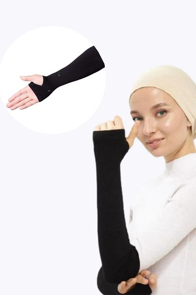 MAROKEN Hijab Sleeve Cover Black Plain Finger-Pass Anti-Sweat Fabric Women's Prayer Sleeve Elbow Concealer Accessory