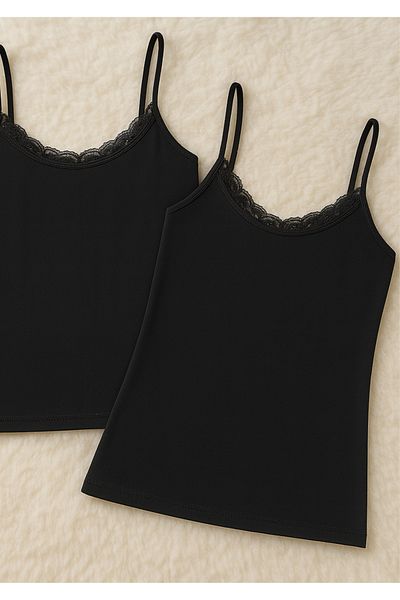 Loule Women's Clothing Rope Strap Lace Detail Modal & Cotton 2 Pieces Black Undershirt Ll.K66.O042.001