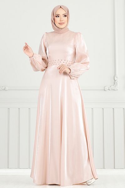 ModaMerve Βραδινό φόρεμα Hijab με πέτρα ζώνης 2330ANT904-M Πούδρα