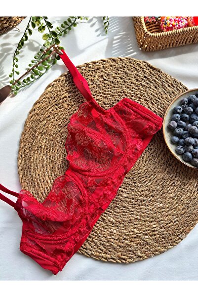 kiari Red Floral Embroidered Underwire Unlined Brode Underwear Set