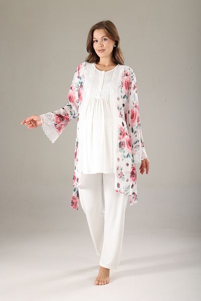 LOHOUSE Women's Pink Patterned Lace Maternity Maternity 3-Piece Pajama Set