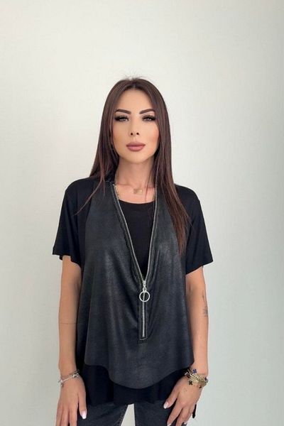 Viyamo Νέα σεζόν Γυναικεία κοντομάνικη μπλούζα βισκόζης με στρογγυλή λαιμόκοψη + αμάνικο δερμάτινο γιλέκο με φερμουάρ
