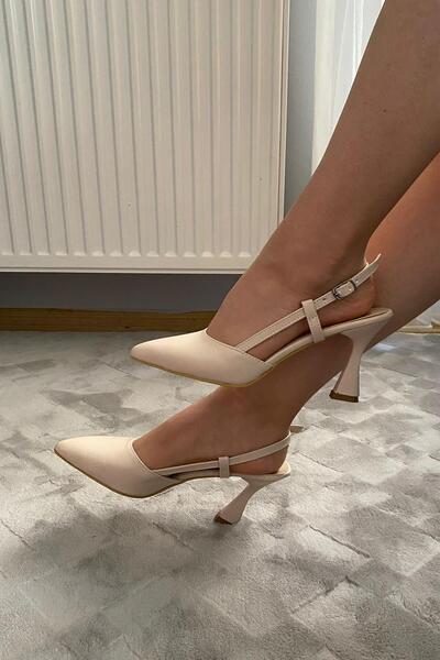 Preshley Women's Natali 9 Cream Skin cm Heeled Shoes Open Back Post Buckle Heel