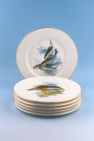Bursa Porselen Dekor Porcelain Cake Plate for 6 People with Fish Gold Gilding