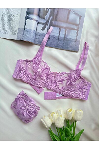 kiari Комплект нижньої білизни з вишивкою у вигляді лілових квітів без чашок