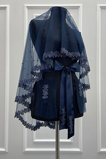 ZEYMERADE Lacivert Gelin Duvak Seti, Cam Boncuk Ve İncili, Kına Gecesi Duvağı...