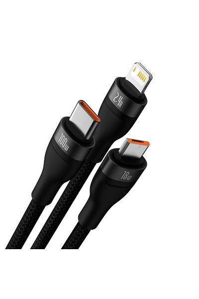 Baseus 3in1 USB to Type-C Charging / Data Cable, Lightning, Micro-USB, 100W, 1.2m, Flash Series 2, Black
