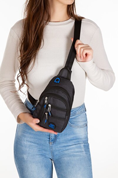Newish Polo Linen Fabric Zippered Chest and Shoulder Bag with USB Headphone Output (16X22Cm) - Black - Blue