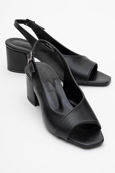 CCWAY AYAKKABI صندل نسائي بكعب متقاطع من الجانب الأمامي والخلفي جلد أسود