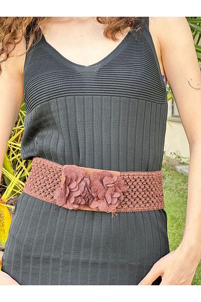 Gönülden Tasarım Elastic Mesh Floral Brown Women's Belt 70 cm