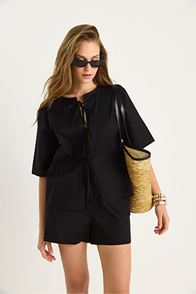 Bianco Lucci Women's Masai Tie-Up Shirt Elastic Waist Pocket Detailed Shorts Poplin Suit 9371 60281097