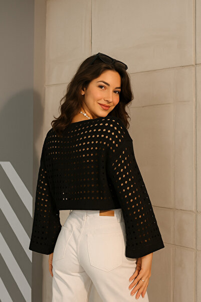 BELISTIL Siyah Mevsimlik İspanyol Kol Ajurlu File Crop Bluz