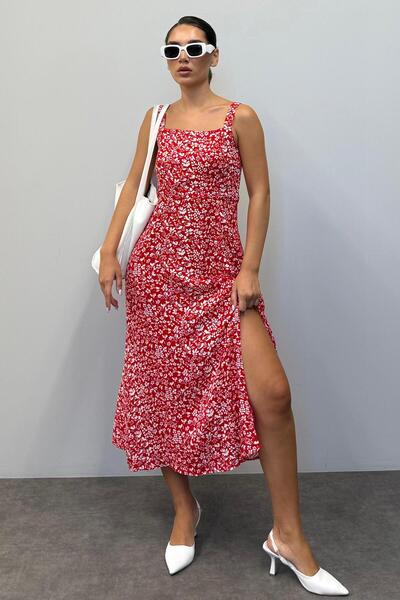 Seeh Γυναικείο φόρεμα με κόκκινο λουλούδι με σχέδιο Sh254