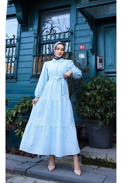 Dadali Dadali Shirt Collar Ruffle Dress Baby Blue