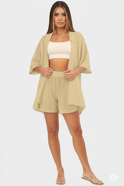 NO 601 Women's Beige Wrinkled Kimono Vest Shorts Top-Top Set