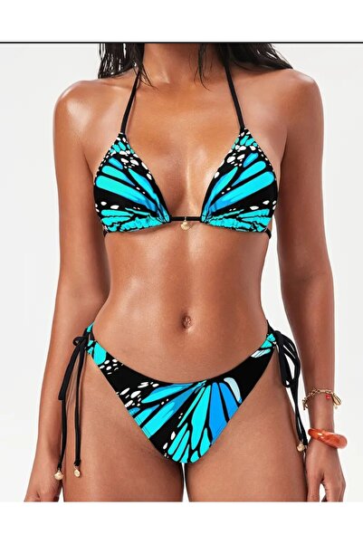 Enanice Siyah Mavi kelebek baskılı bikini takımı