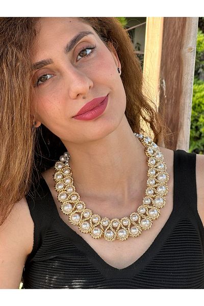 Gönülden Tasarım Atin Sari Chain ​​Pearl Women's Design Necklace 25 cm