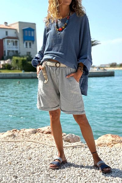 Güneşkızı Gray Pocket Washed Belted Double Leg Cotton Casual Woven Shorts 30 45
