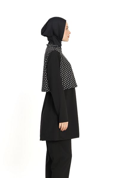 İYİBU 4 Piece Black Patterned Full Covered Hijab Swimsuit Set - Includes Top, Bottom, Bonnet, Bustier