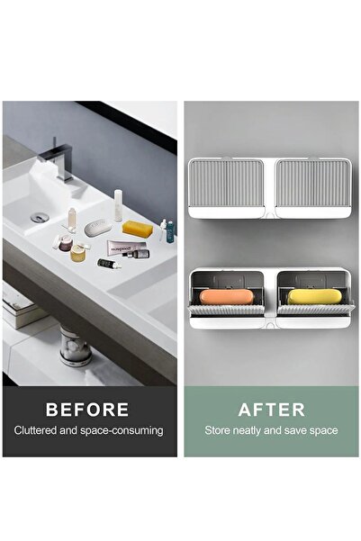 Kitchen Beauty Yapışkanlı Çift Bölmeli Sabunluk Kapaklı Kendinden Boşaltmalı Su Tutmaz Katı Sabunluk Sabun Kutusu