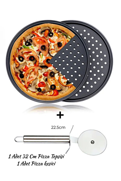 Hilamingo Home 32 CM Paslanmaz Çelik Delikli Büyük Boy Pizza Tepsisi ve Pasla...