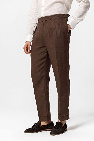 Antioch Brown High Waist 100% Linen Pleated Men's Trousers