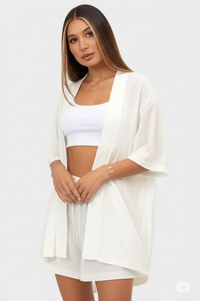 NO 601 Women's White Wrap Kimono Vest Shorts Top-Top Set