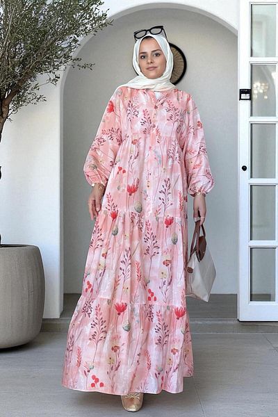 Aselim Hijap Moda Καλοκαιρινό φόρεμα με βαμβακερό μοτίβο ανοιχτό πορτοκαλί