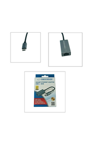ESPERANZA Placă de rețea Gigabit Ethernet 95884, USB-C 3.0 la RJ-45, cablu de 18 cm, gri